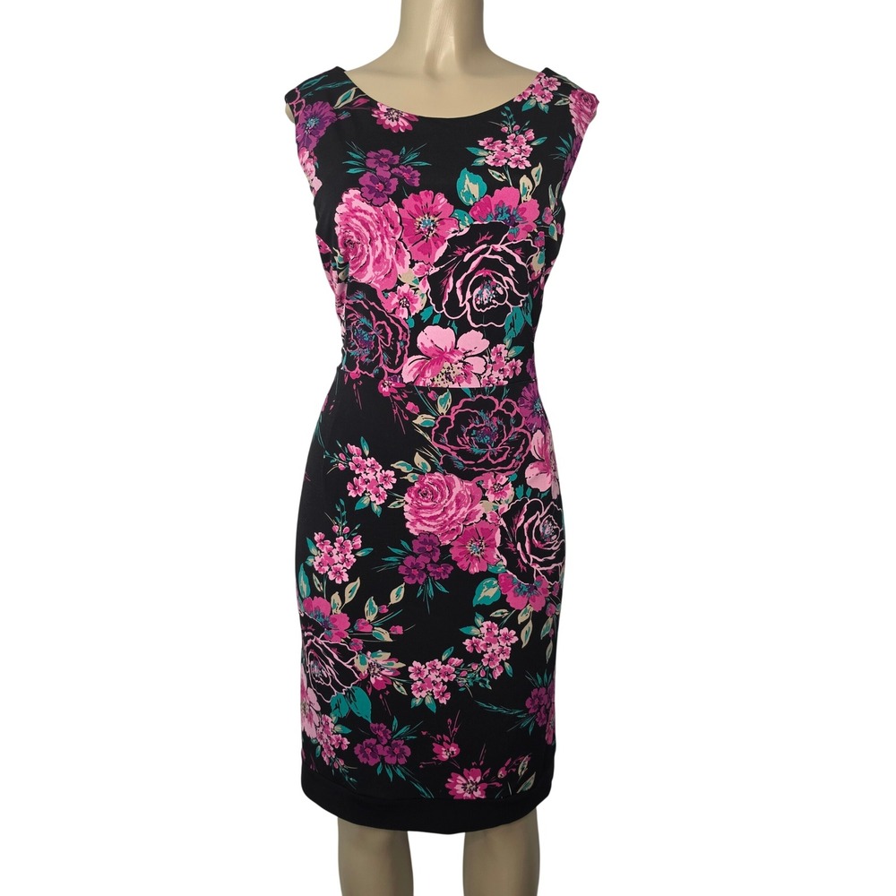Simply Emma Sheath Dress Womens 3X Black Floral Sleeveless Scoop Neck Stretch